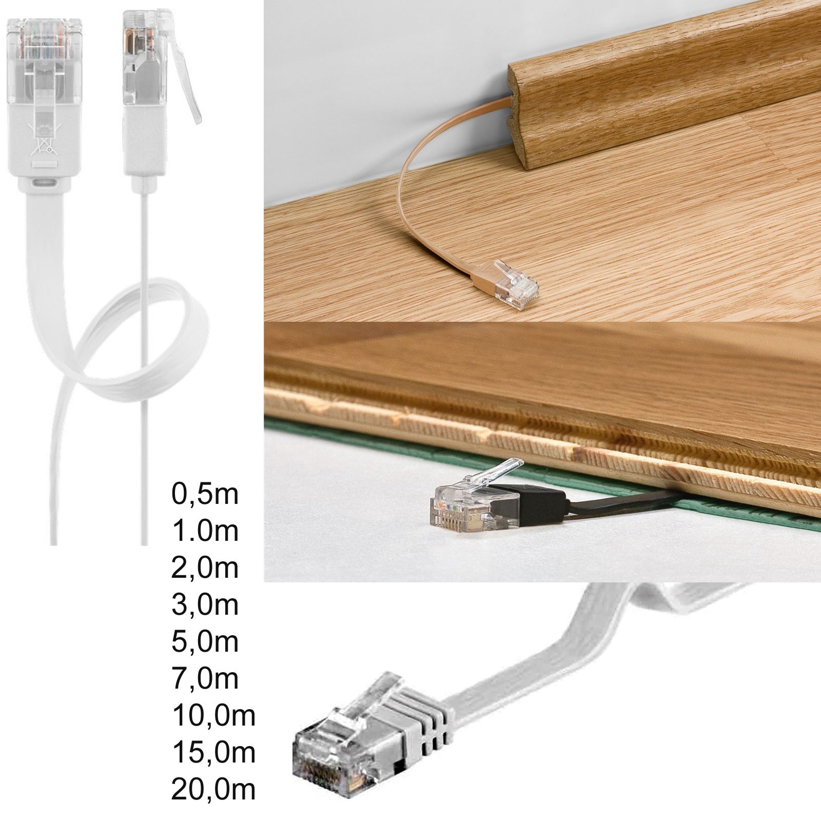 CAT6 Patchkabel Netzwerkkabel Flachkabel Ethernet DSL LAN Flach weiß 0,5m - 20m