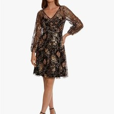 Maggy London Black  Gold Leaf Sequin Cocktail Evening Dress Long Sleeve Size L