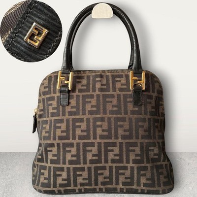 FENDI Zucca FF Shoulder Hand Bag Ziplock Leather Canvas Brown Beige From Japan