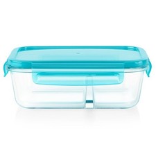 4-Cup Divided Glass Food Storage Container with Turquoise Lid Bento Lunch Box