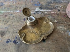 Rare Antique Art Nouveau French Floral Intricate Design Heavy Brass Inkwell Vtg