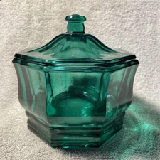 Green Glass Lidded Candy Dish Jar Faceted Paneled Emerald Covered Bowl Decor