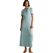 Quince Elegant Washable Stretch SILK Tiered Maxi Dress Aqua Pearl Blue Sz L#24