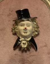 Vintage Red Nose Clown Brooch Pendant Gold Tone Ivory Enamel