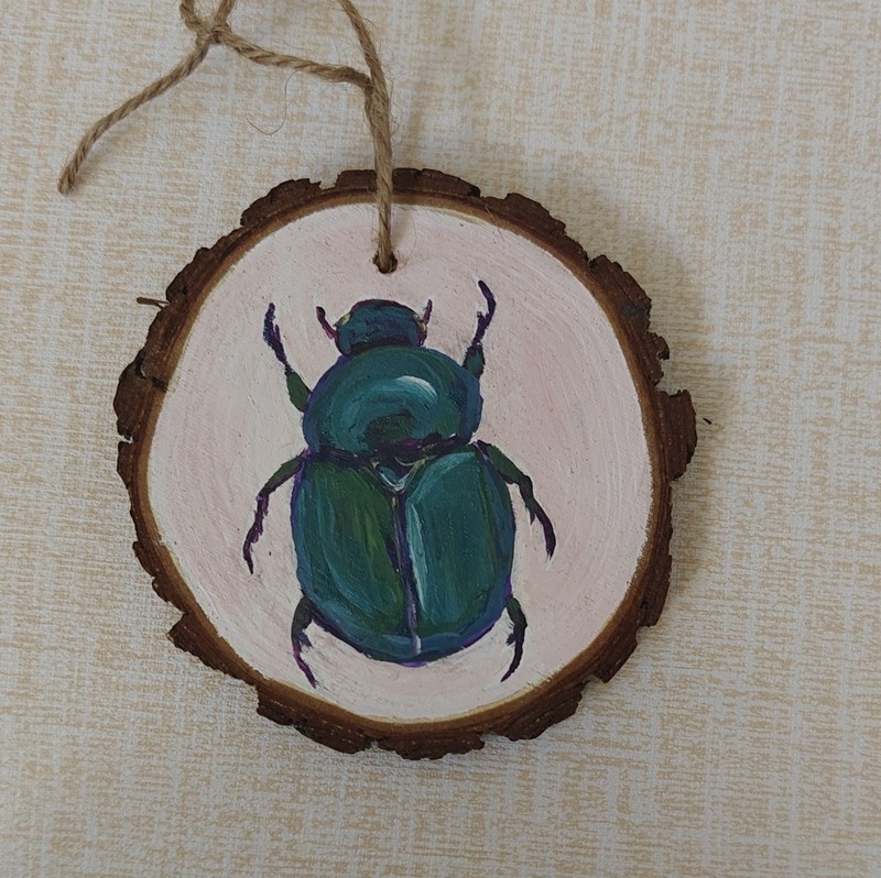 L Langford Hand Painted Wood Beetle Round Hanging Ornament Green Brown Holiday