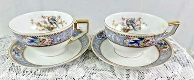2 Antique Bavaria Tirschenreuth Tea Cups Saucers Florida #4241 Parrots 1903-1927