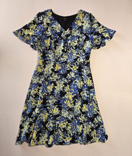 Talbots Floral Flutter Sleeve Dress Blue Yellow Black V-Neck A-line Size 10