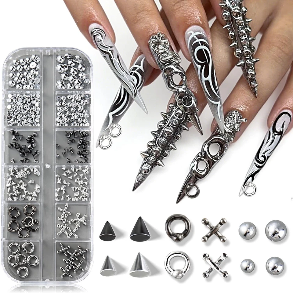 Dijes de uñas góticos 3D triángulo espiga remache cuentas piercings de metal para arte en uñas Foto 3 de 4