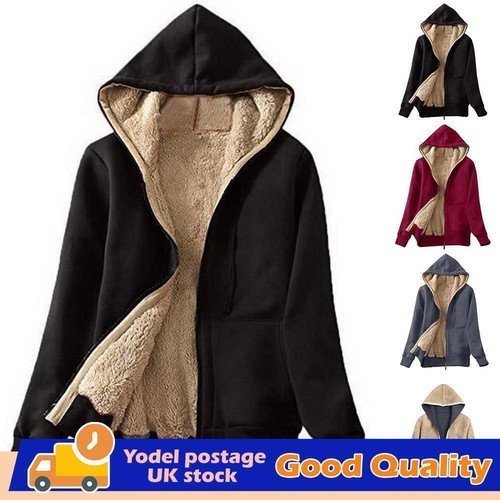 Womens Fur Lined Hoodie Jacket Coat Ladies Zip Up Winter Warm Fleece