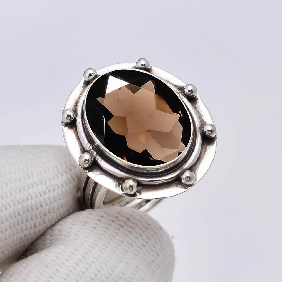 Elegante anillo de plata de ley 925 maciza con piedras preciosas de cuarzo ahumado, joyería fina V4923 Foto 2 de 4