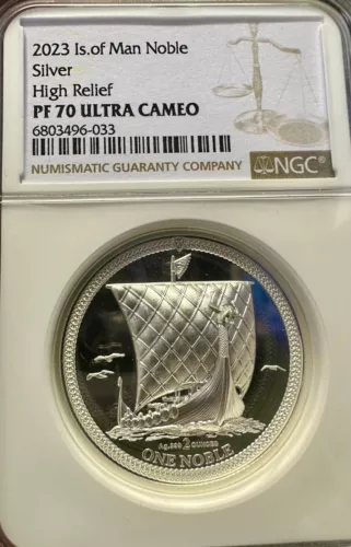 2023 ISLE OF MAN ONE NOBLE HIGH RELIEF 2OZ SILVER PIEDFORD - PR70 NGC ULTRA CAM