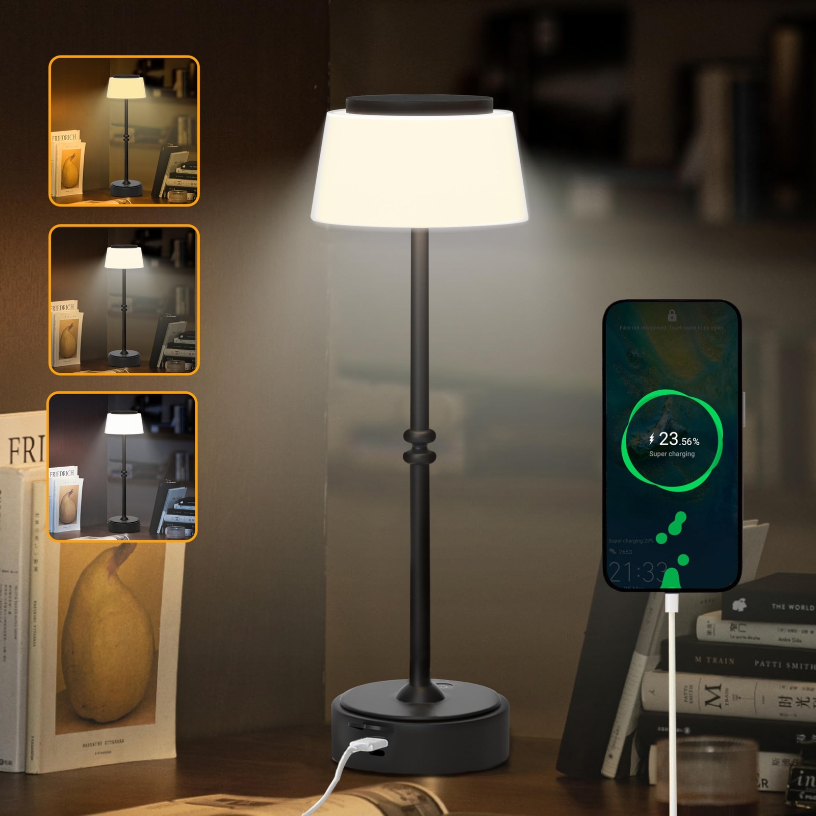 FLORNIA Cordless LED Desk Lamp with 4400mAh Battery Portable Table Light