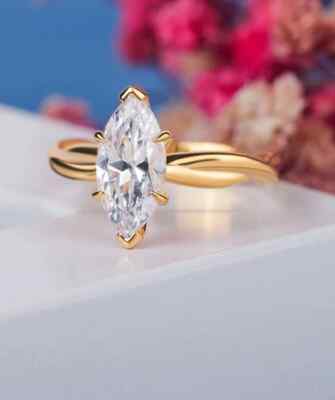 Twisted Band Solitaire Sterling Silver 2 CT Moissanite Marquise Cut Wedding Ring