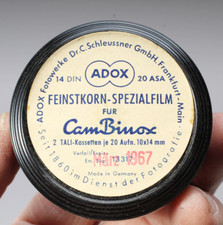 CAM BINOX FILM ADOX CAN W 2 CASSETTES OF 10X14mm ASA 20 B W FILM EXPIRED 1967