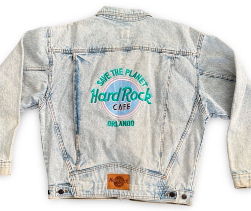 HARD ROCK CAFE Vintage Orlando bestickt Acid Washed Denim Jeansjacke Save Planet - Bild 8 von 15
