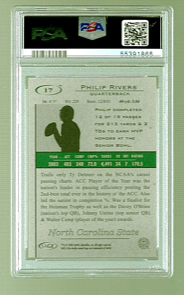 Tarjeta de fútbol americano SA-GE HIT 2004 #17 PHILIP RIVERS RC PSA 10 NFL CARGADORES DE SAN DIEGO Foto 4 de 4