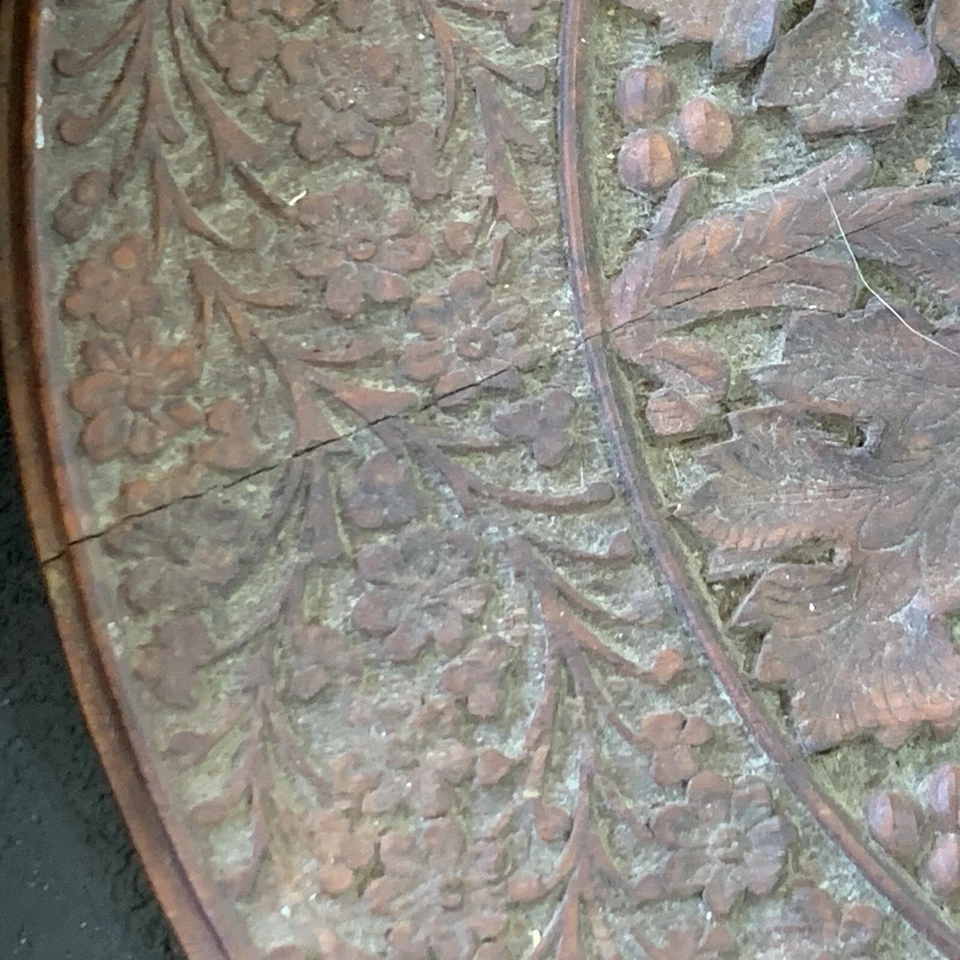 Vintage Artisan Carved Octagonal Folding Teak Side Table Inlay Anglo Indian Read - Image 4 of 4