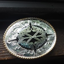 Ivan Belt Buckle Southwestern Theme Western Oval Belt Gold/Silver Tone Bl Enamel