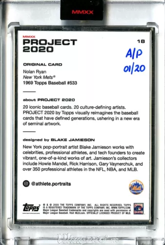 TOPPS PROJECT 2020 NOLAN RYAN JAMIESON ARTIST PROOF AP 01/20 Silver Frame #18