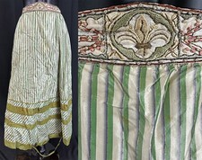 Victorian Green Striped Silk Taffeta Fleur-de-lis Embroidered Belt Trim Skirt