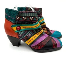 SOCOFY Boho Spliced Leather/Fabric Side Zip Ankle Boots Women 39 / 9 vibrant col