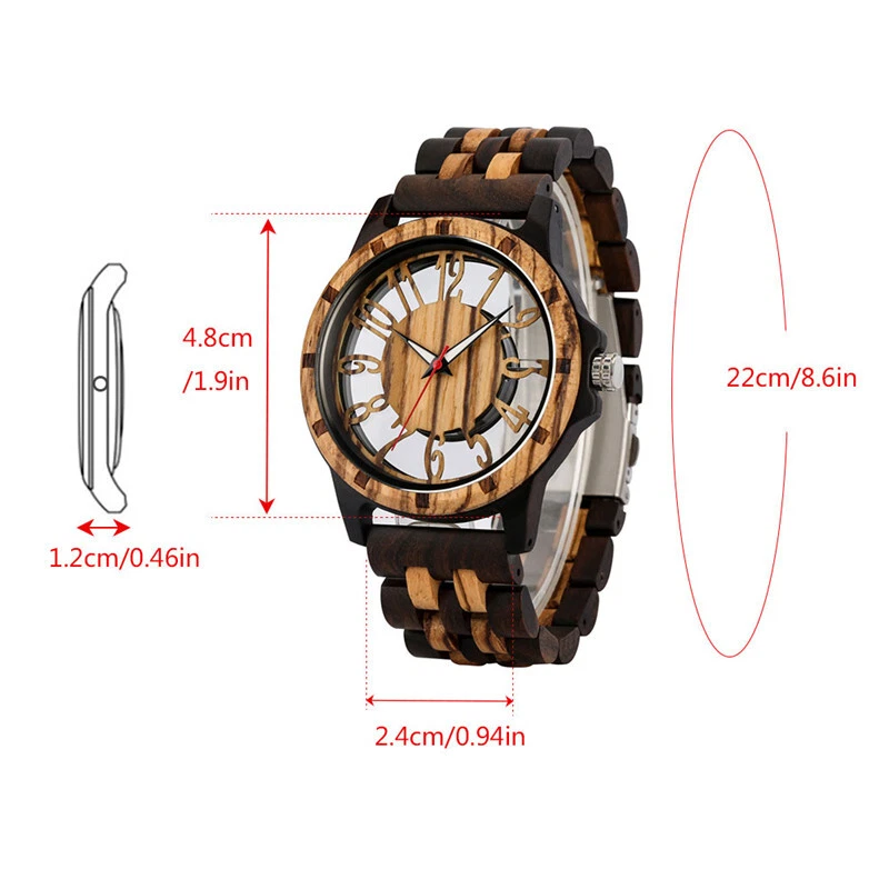 Men's Quartz Wood Watch Full Wooden Watches Hollow Dial Adjustable Wristwatch - Image 4 of 4