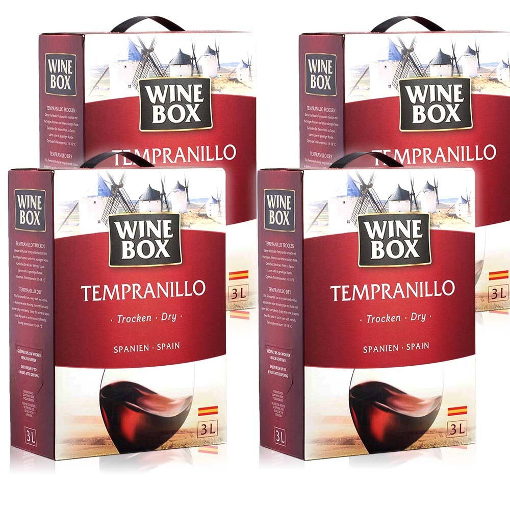 Wine Box Tempranillo, trocken, Bag-in-Box, sortenreines Weinpaket (4x3,0l)