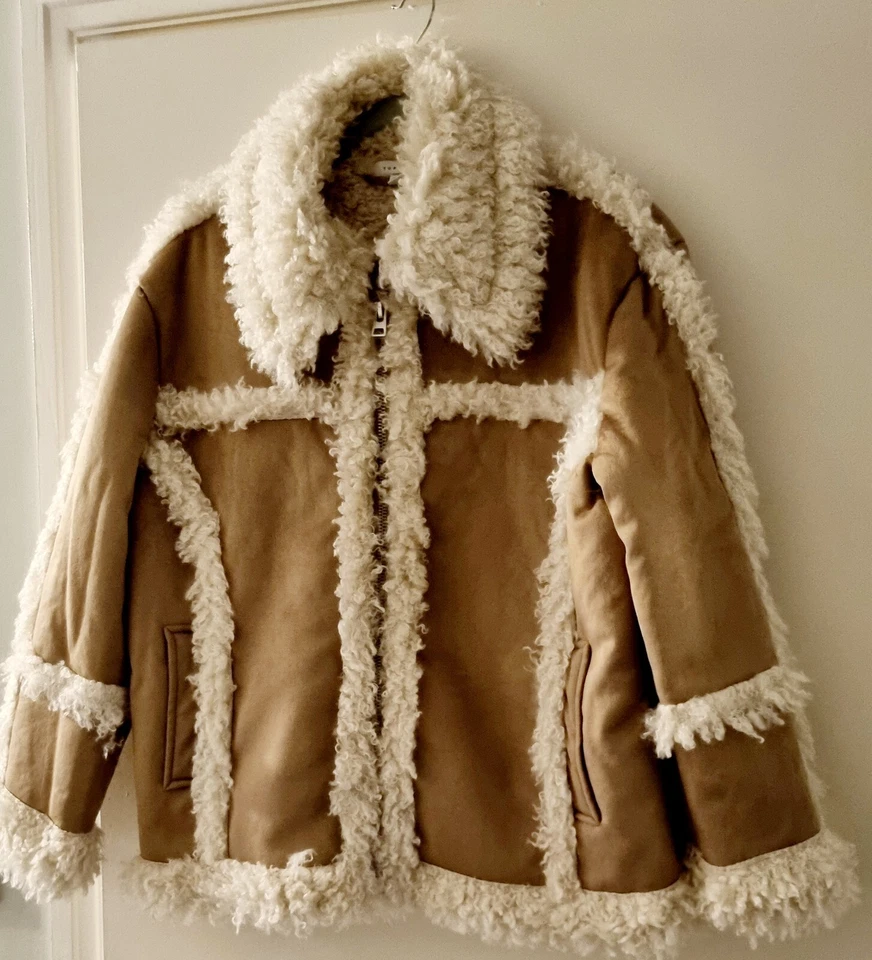 Topshop Petite Faux Leather Mid Length 70s Style Car Coat in tan-Brown UK 12-14 - Image 4 of 4