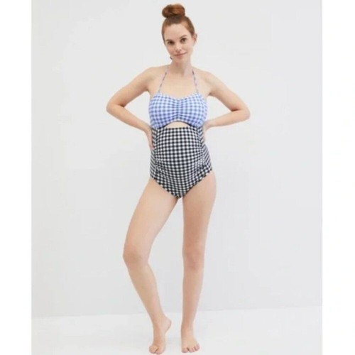 Motherhood Maternity Beach Bump Cutout One Piece Swimsuit Mixed Gingham Sz L NEW