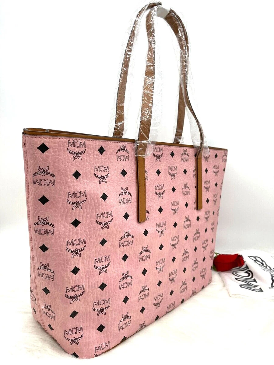AUTH NWT MCM Anya Top Zip Medium Coated Canvas Shopper Tote In Soft Pink Cognac