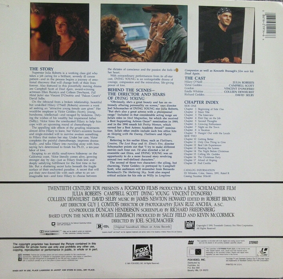 DYING YOUNG 1990 LASERDISC LD MINT MOVIE JULIA ROBERTS CAMPBELL SCOTT EXTENDED - Image 4 of 4