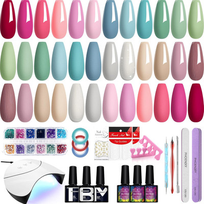 Gel Nail Polish Kit with U V Light, 36 PCS Gel Nail Kit Pink Red Brown Blue Gree