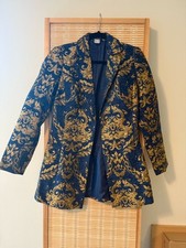 Gold  Navy Brocade Coat 2 Tailored Lined Statement Blazer Jacket
