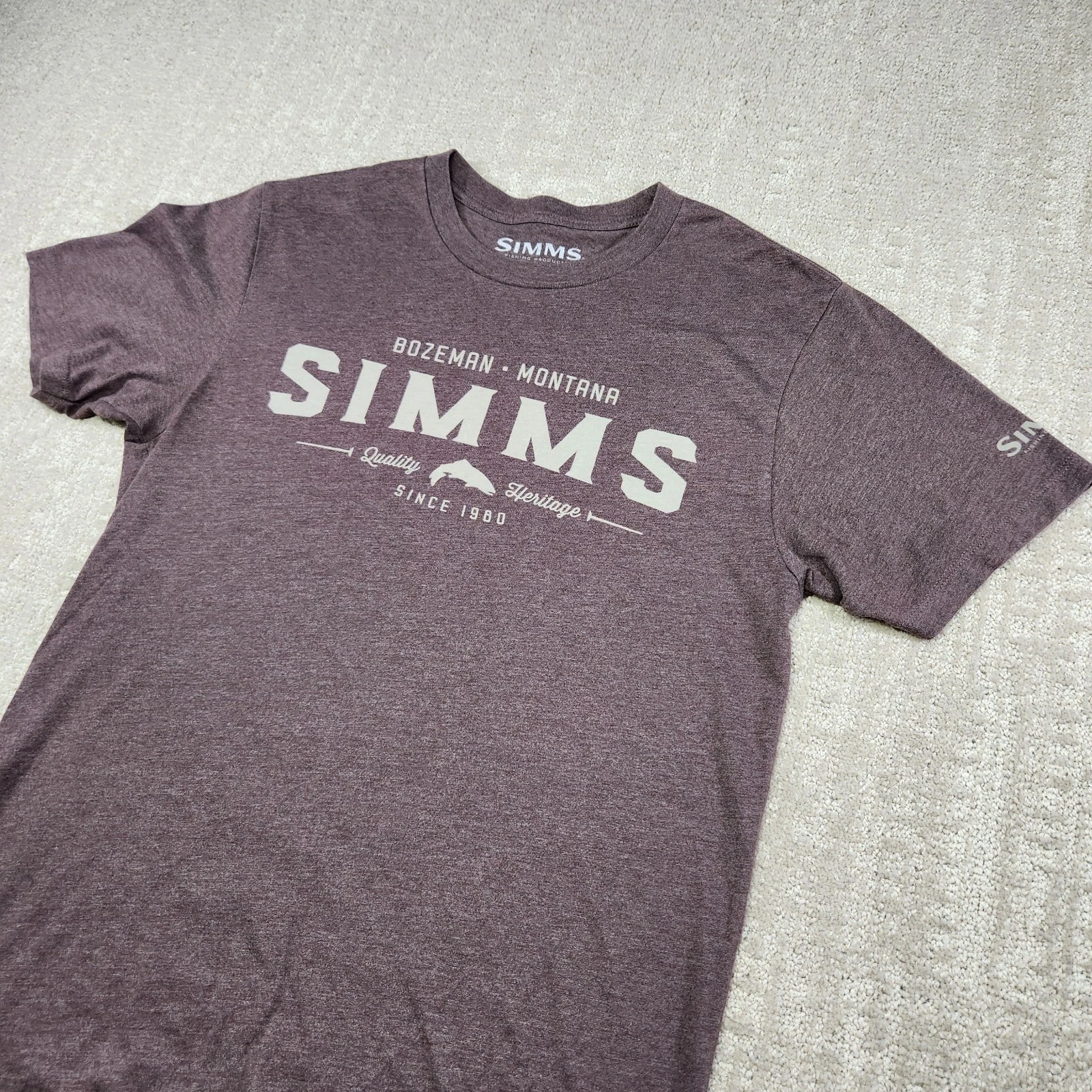 Simms Fishing Shirt Men Small Bozeman Montana Spellout Tee Brown