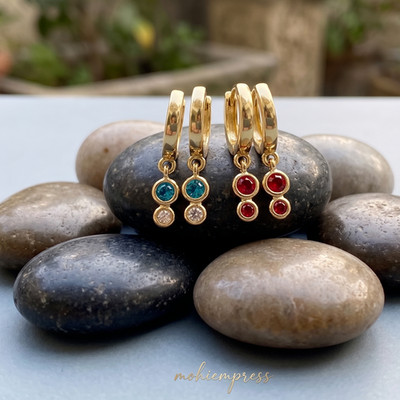 Personalized Double Birthstone Huggie Hoops, 925 Sterling Silver