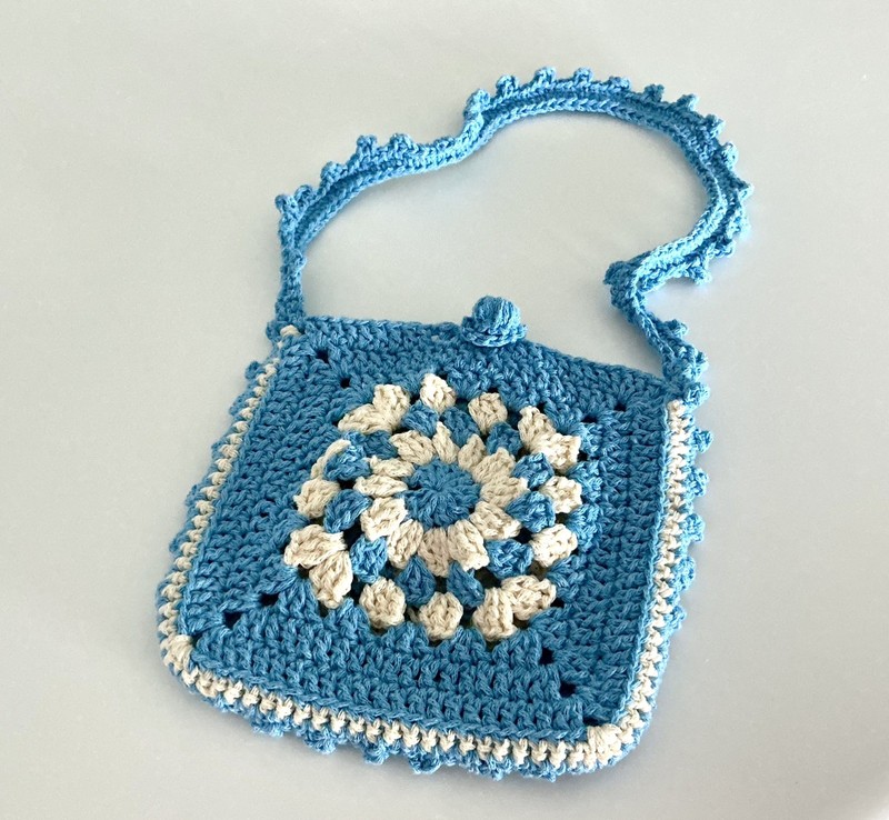 Little Girls Crocheted Blue and White 6x6 Handmade Purse Cute Granny Square Bag