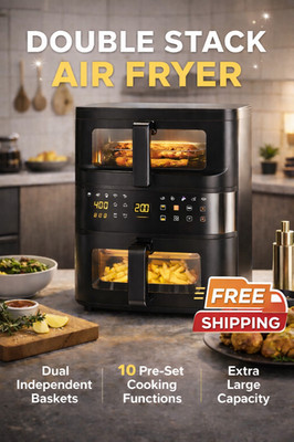 2-Tier Digital Air Fryer Dual Zone Heating Visual Window Space Saving Oil Free