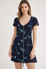 Urban Outfitters Women’s Small Navy Blue Floral Button Front Mini Dress Tie Back