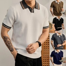 Knit Men's Business Casual Shirt V Neck Lapel Color Block Pattern Spring Summer