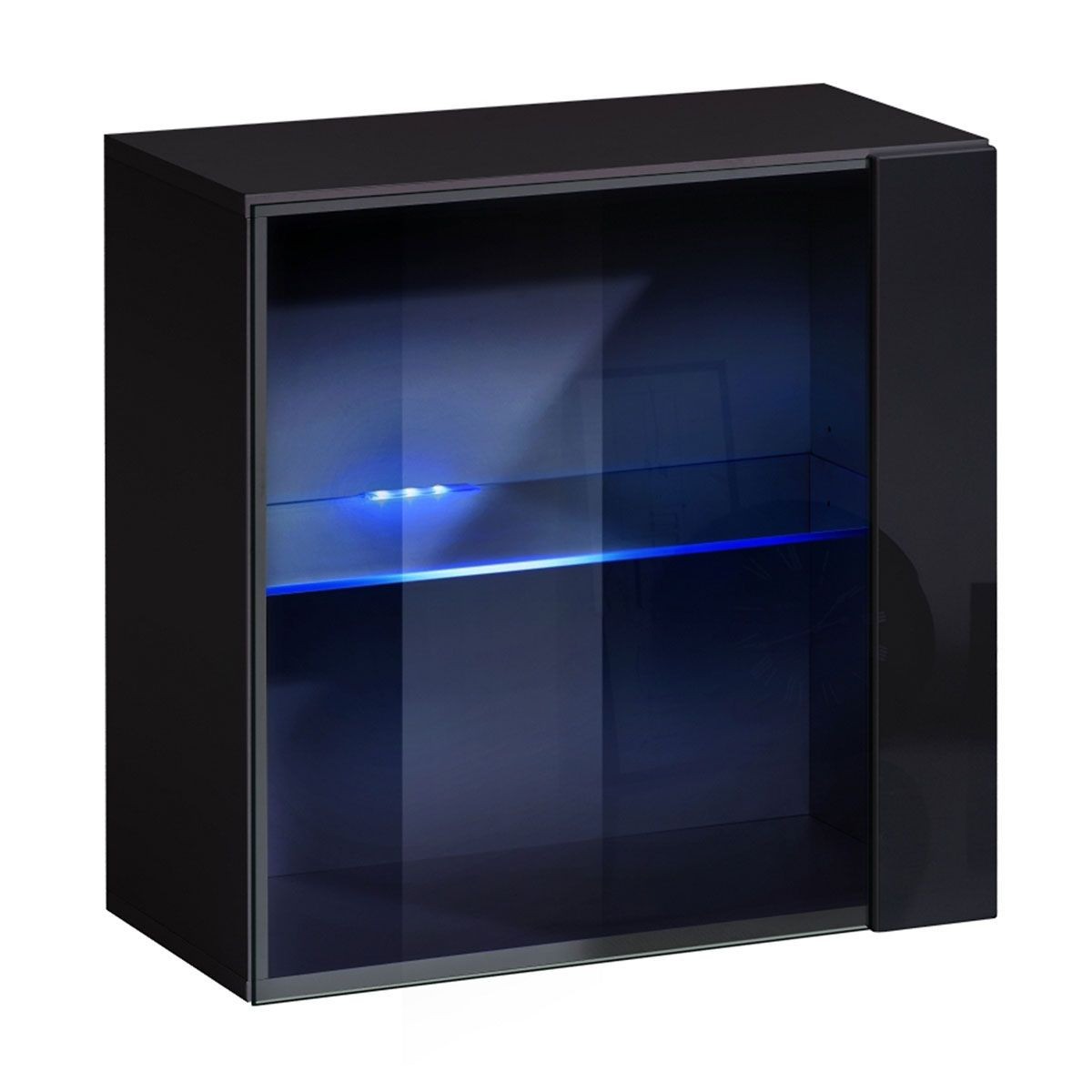 Vitrine murale LED 60cm meuble de rangement suspendu noir vitré Switch