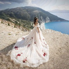 Off Shoulder Evening Dresses 3D Flower Applique V-Neck Fashion Bridal Gowns