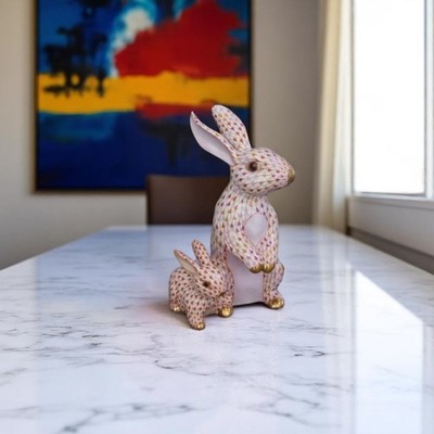 Herend Mother and baby bunny Red Fishnet Figurine Made in Hungary