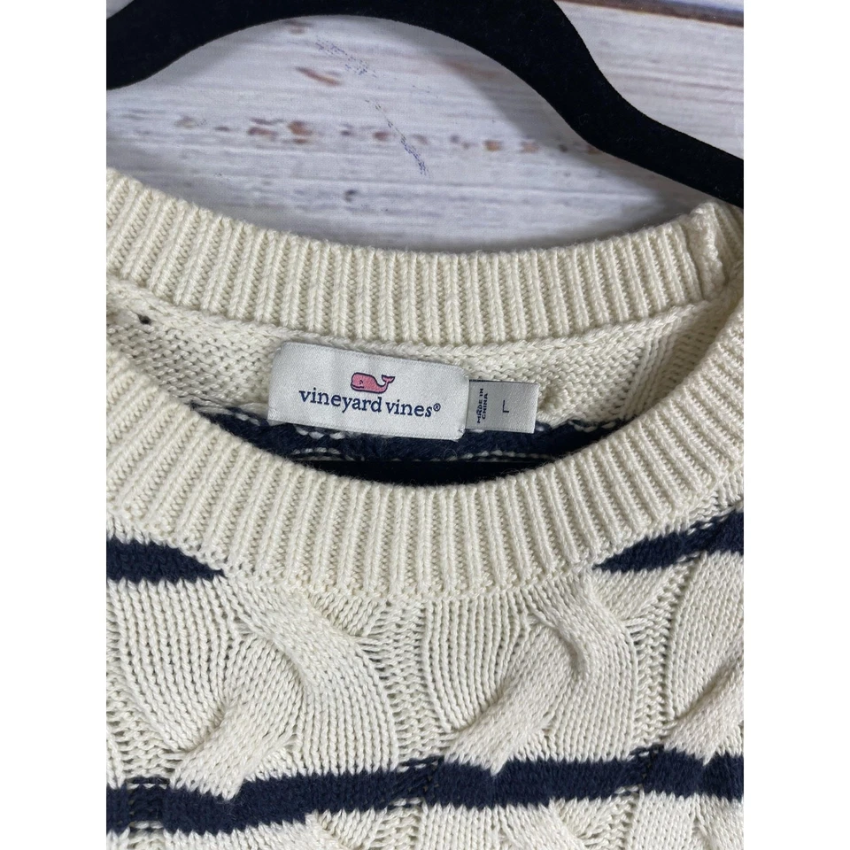 Suéter para mujer Vineyard Vines grande marfil azul marino a rayas tejido con cable Foto 4 de 4