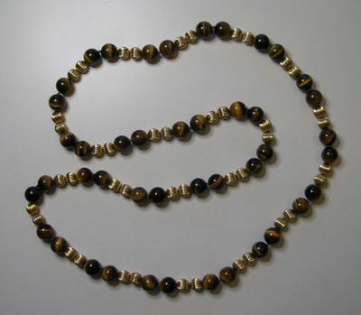 Vintage 30'' Continuous Strand Necklace W/14K Gold & Tiger's Eye Quartz Beads DS