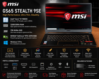 MSI GS65 Stealth 15.6  Gaming Laptop Intel i9-9880H 32GB RAM 1TB SSD RTX 2070 Wi