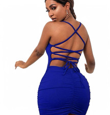 Blue Ruched Strappy Back Bodycon Mini Sleeveless Short Dress Women's Size