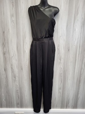 Club Monaco Black One Shoulder Jumpsuit Satin Feel Size 2 (UK Small) Pockets. PN