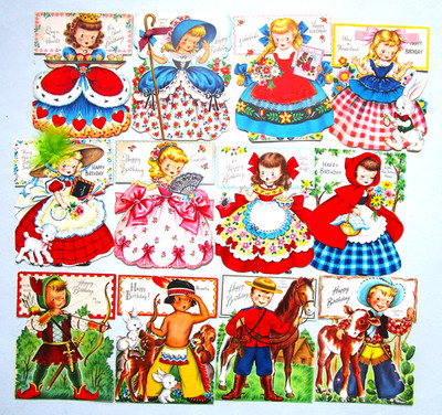 12 FAIRFIELD BIRTHDAY CARDS LOT  -  STAND-UP DOLLS - 1940s - 1950s