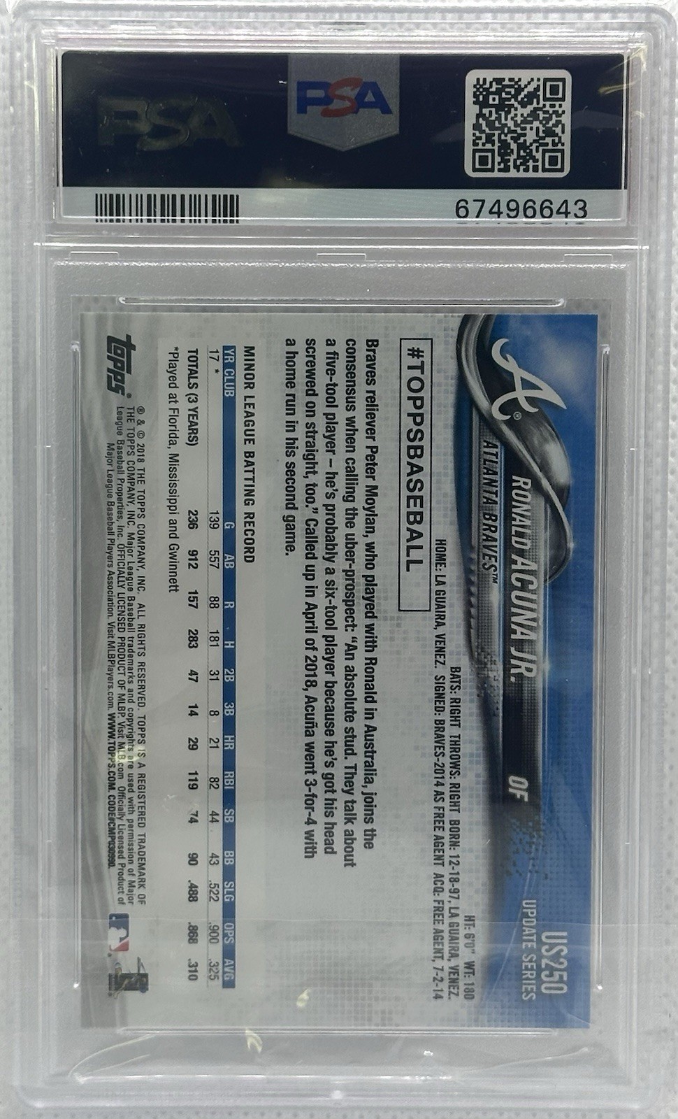 2018 TOPPS UPDATE RONALD ACUNA JR. AT-BAT IN BLUE JERSEY RC PSA 10  view 2