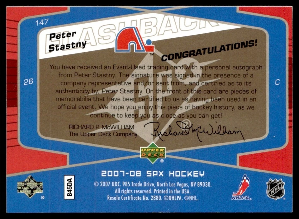 2007-08 SPx Flashback Fabrics Autograph Peter Stastny Auto Quebec Nordiques #147 - Image 2 of 2